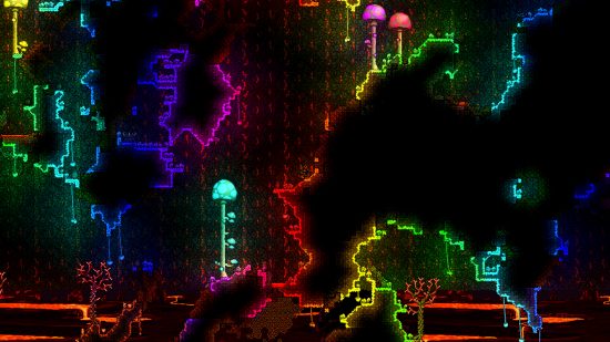 Terraria 1.4.4 Update Labour of Love - Underground Caves met een verscheidenheid aan gekleurde mossen die op de muren groeien, waardoor een lichtgevend regenboogeffect door de grotten afgeeft