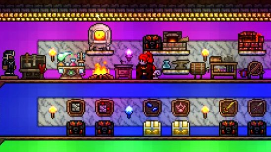 Terraria 1.4.4 update Labor of Love - a red-haired Terraria character stands in a multicoloured foom full of furniture and crafting equipment