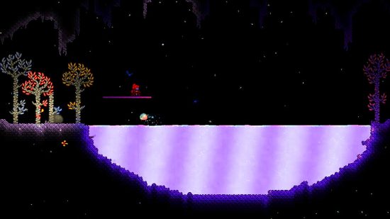 Terraria 1.4.4 Aether mini-biome - a dark cavern with a background full of stars, dominated by a large lake of purple liquid called 'Shimmer'
