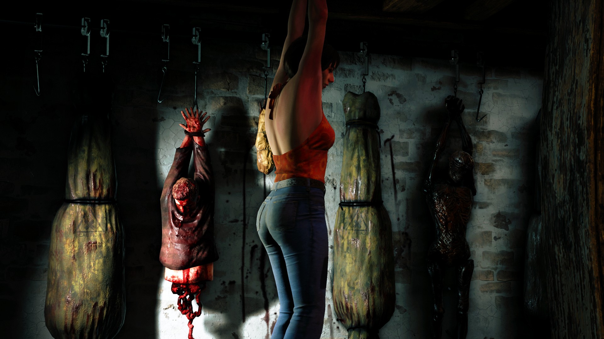 The Texas Chainsaw Massacre horror game is not Dead by Daylight: The victim of the Texas Chainsaw Massacre hangs in the basement.