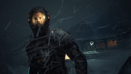 The Callisto Protocol trailer: Jacob Lee, wearing an environmental suit and helmet, stares into a snowstorm in the dark night of Callisto