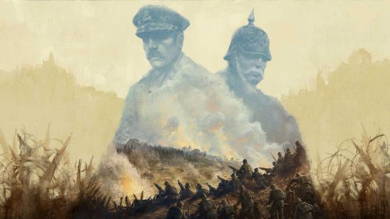 The Great War: Western Front preview: Key art shows faint blue images of military leaders towering above a war-torn battlefield ringed with barbed wire and charred fence posts
