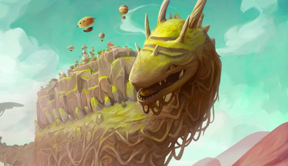 The Wandering Village is a city-builder game with an ecological twist: Giant dinosaur creature looks down with a smile as people build a city on its flat back