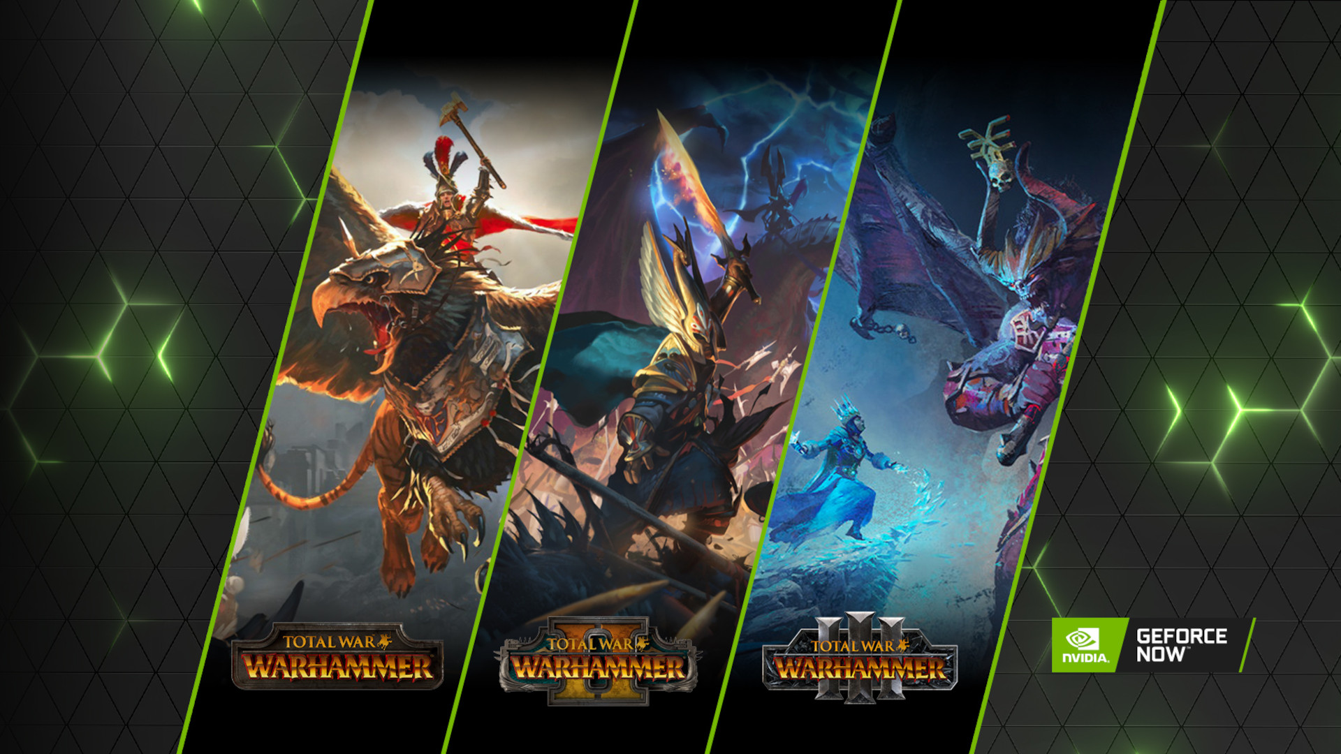 Snippets of the cover art for each entry in the Total Warhammer series lined against one another