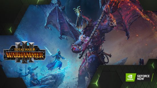 The Total War: Warhammer 3 cover art, surrounded by its logo (left) and Nvidia GeForce Now logo (right)