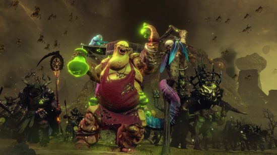 Total War: Warhammer 3 update 2.2: Festus the Leechlord, a green abomination with a maniacal grin and a huge goiter, dances with his glowing green potions in hand