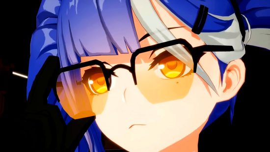 Tower of Fantasy 2.0 test servers - close-up of Cobalt-B, a lady with blue hair, golden eyes, and black-rimmed orange sunglasses