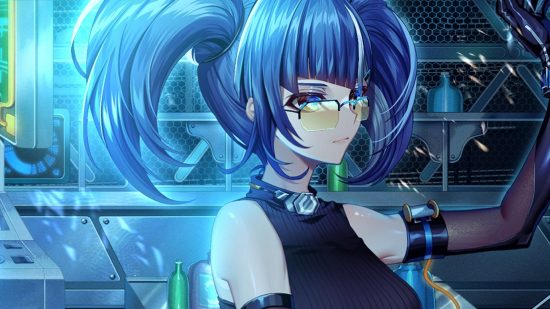 Tower of Fantasy character roster expands with Cobalt-B: Blue haired anime girl with glasses stands in a science lab wearing a high necked vest top and black latex gloves