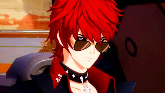 Tower of Fantasy - King, a man with bright red hair and a spiked choker, peers menacingly over his sunglasses