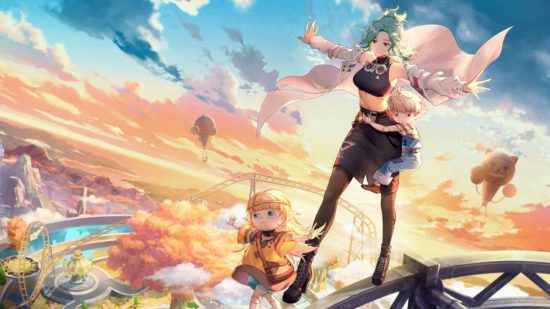 Tower of Fantasy F2P players are feeling left behind: An anime woman with green hair balances on a metal beam