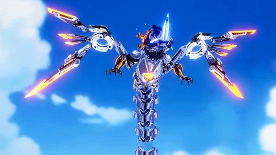 Tower of Fantasy - a giant robotic dragonfly soars in the sky, its lower half spread out in to distinct, floating segments