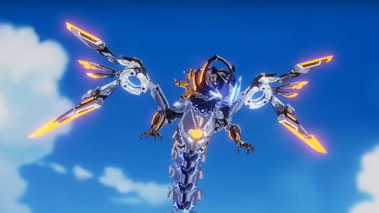 Tower of Fantasy Interdimensional Frostfire Dragon world boss: The Interdimensional Frostfire Dragon, a cybernetic leviathan introduced in the Artificial Island 1.5 update, flying through the sky