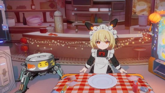 Tower of Fantasy leak: A small child in an apron and black dress stands near a table with a checkered clothe