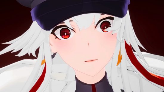 Tower of Fantasy misleading descriptions - new character Claudia, a woman with red eyes and long white hair in a military hat stares at the camera