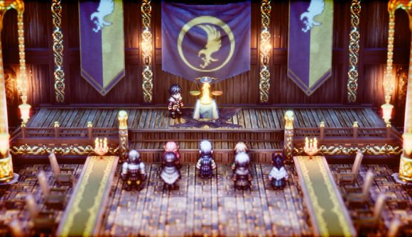 Triangle Strategy Steam release date: A party gathers before the Scales of Conviction in an ornate room decorated with hanging chandeliers and banners