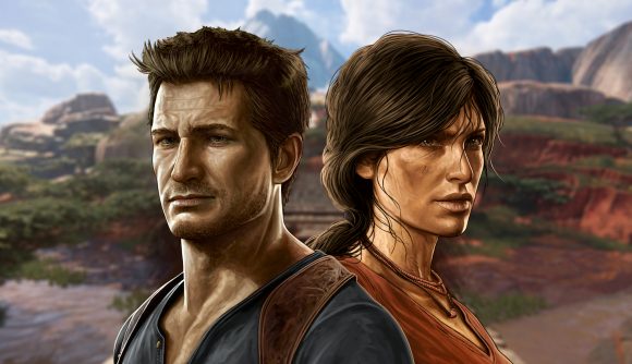 Uncharted system requirements: Nathan Drake and Chloe Frazer in centre with blurred landscape backdrop