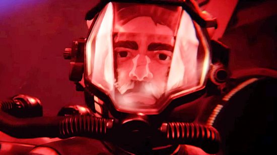Under the Waves adds open-world exploration to Firewatch's narrative tools: main character Sam with a look of concern on his face, wearing a diver's helmet, and bathed in an ominous red glow