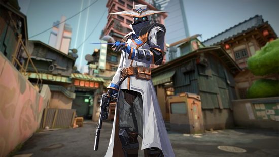 Valorant Cypher ultimate fan rework: Cypher holds a silenced pistol and wears a white broad-brimmed hat and white jacket over a dark costume that's topped off by a face-concealing bandanna
