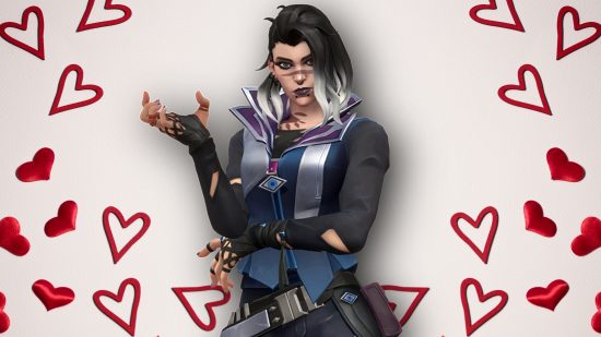 Valorant dating sim will let you hold hands with your favourite agents: Gothic woman with black and silver long hair glares into camera with one hand raised, framed by hand drawn lovehearts
