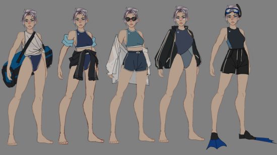 Valorant dating sim Amorant lets you live out your fantasies: Concept art of Agent Jett in various different swimsuits
