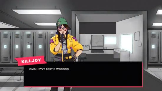 Dating sim Valorant Amorant lets you live out your fantasies: a screenshot of a painted Killjoy talking to a player in a dark locker room