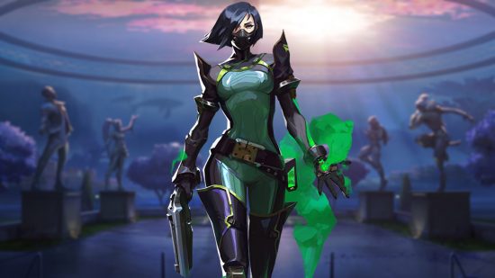 Valorant patch 5.05 notes mean you can't report yourself: Agent Viper with short bobbed black hair and green and black skinsuit on Pearl map background