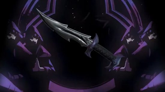 Valorant Reaver skins were so popular Riot brought them back: Deep purple and silver jagged knife on black background with men in hoods standing around it