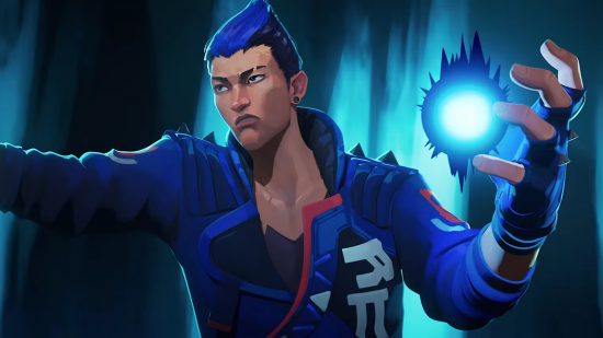Valorant Reddit devises the perfect way to punish leavers: Japanese Agent Yoru with black and blue slicked back hair and a blue combat jacket holds a blue floating orb in his hand while looking to the right