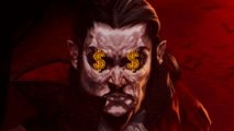 Vampire Survivors price increase ahead of 1.0 launch - a vampire against a red background with golden dollar signs in his eyes