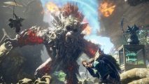 Wild Hearts trailer shows off EA's Monster Hunter-like RPG: A giant grey horned monster approaches a small crowd of people