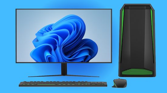 The Windows 11 floral logo appears on a gaming monitor (left), with periperhals (below) and a desktop (right) surrounding it, against a blue background