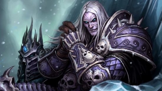 WoW Wrath of the Lich King Classic release time and preload: Man with long silver hair in spiked violet and silver armour looks menacingly at the camera cracking his knuckles while sitting on a frozen throne with a creepy spiked helmet