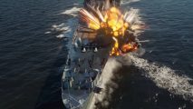 World of Warships image showing a boat hit by an explosion.