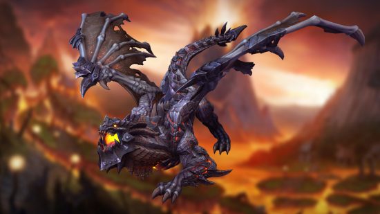 A WoW Cataclysm Deathwing flies against the blurred backdrop of a volcano