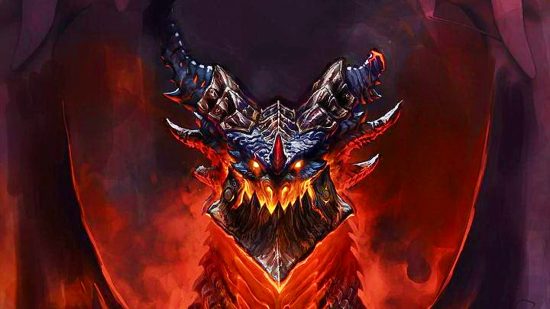 WoW Cataclysm Classic could happen, but only if fans ask for it: A black dragon with blazing red eyes and fire in its mouth is surrounded by red mist looking into the camera