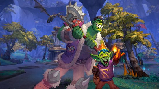WoW Dragonflight Hearthstone quest unites MMO and CCG: Orc stands on Azure Spans background