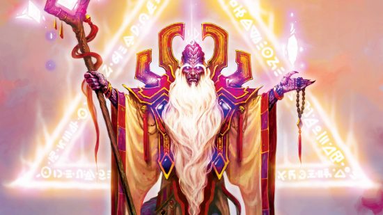 WoW Dragonflight Priest tier set is as epic as it is holy: A man with a long beard holds a staff and rosary beads surrounded by a blinding golden triangle