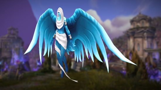 WoW Dragonflight resurrection sickness gets major rework: A blue angelic woman wrapped in white bandages with huge blue wings on a medieval backdrop