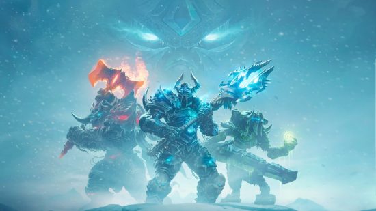 WoW WotLK Death Knight guide: talents, abilities, and leveling: Three knights in dark twisted armour stand with green, blue, and red glowing weapons in a snowy landscape as a set of glowing blue eyes looks down on them