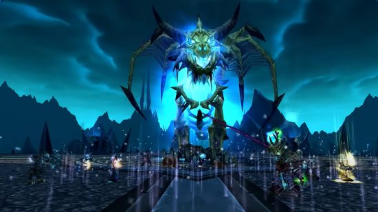 WoW Wrath Classic player has already hit level 80: A sinister looking tower with glowing blue light an a huge skull stands in an icy area