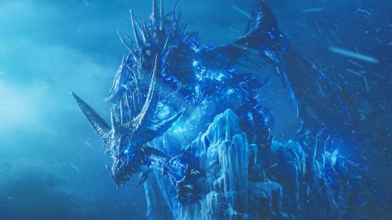 WoW Wrath Classic server queues are ruining the game (again): Huge skeletal dragon perched on an icy cliff looking down through glowing blue eye sockets