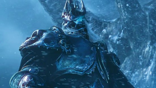 WoW Wrath of the Lich King Classic devs are feeling the pressure: A man in spiky black armour with long white hair stands on an icy background