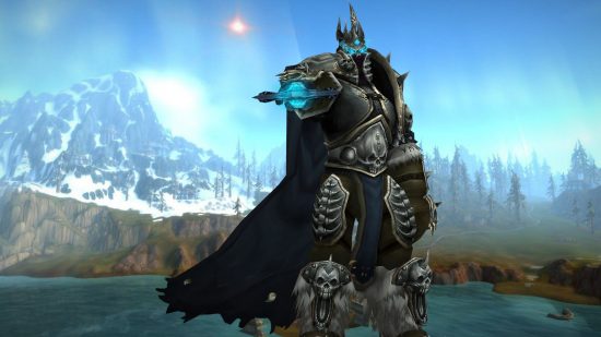 WoW Wrath of the Lich King Classic queues are over 100 minutes long: Man in armor stands with sword extended to the camera on an icy background