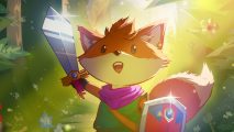 Zelda Inspired TUNIC may get a sequel: Small cartoon fox in a green adventure outfit stands with a smile raising a sword and shield in a forest setting