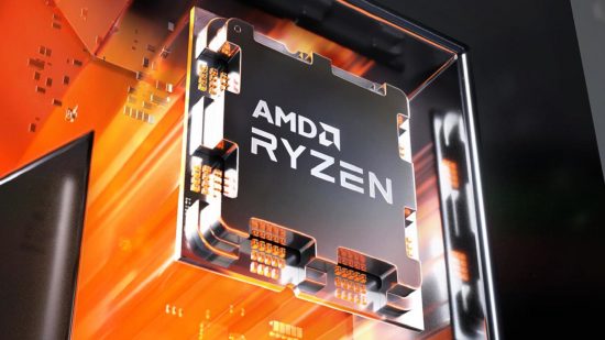 AMD Ryzen 7000 CPU render against an orange background