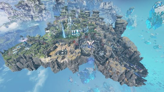 Apex Legends Broken Moon map takes us to Catalyst's home in Season 15: aerial view of a floating city in space