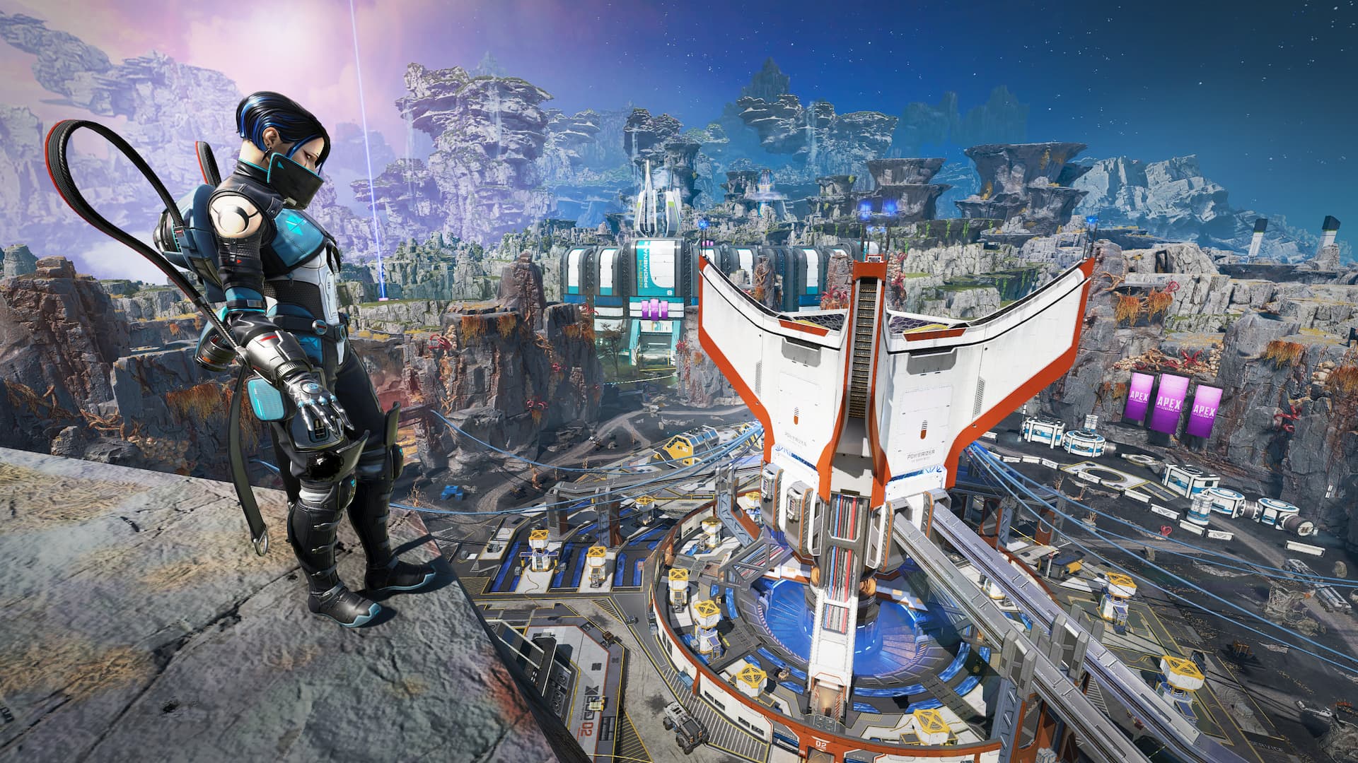 Apex Legends Catalyst preview – Lunar Techno Witch: woman in blue and black suit overlooking a space station