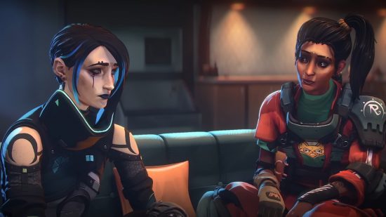 Apex Legends adds gifting feature and sticker cosmetics in Season 15: two animated women looking at each other