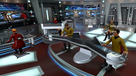 Best VR games - the bridge of a Starfleet ship in Star Trek: Bridge Crew. The Captain relaxes on their chair while everyone else is hard at work pressing buttons and pulling levers.