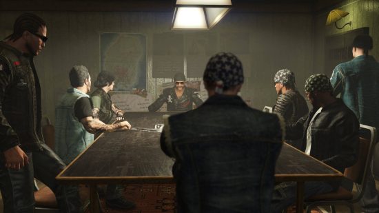 Best Multiplayer games - a group of bikers sat around a table in GTA 5. There are heist plans taped to the wall behind the biker wearing a jacket with skull and crossbones on it.